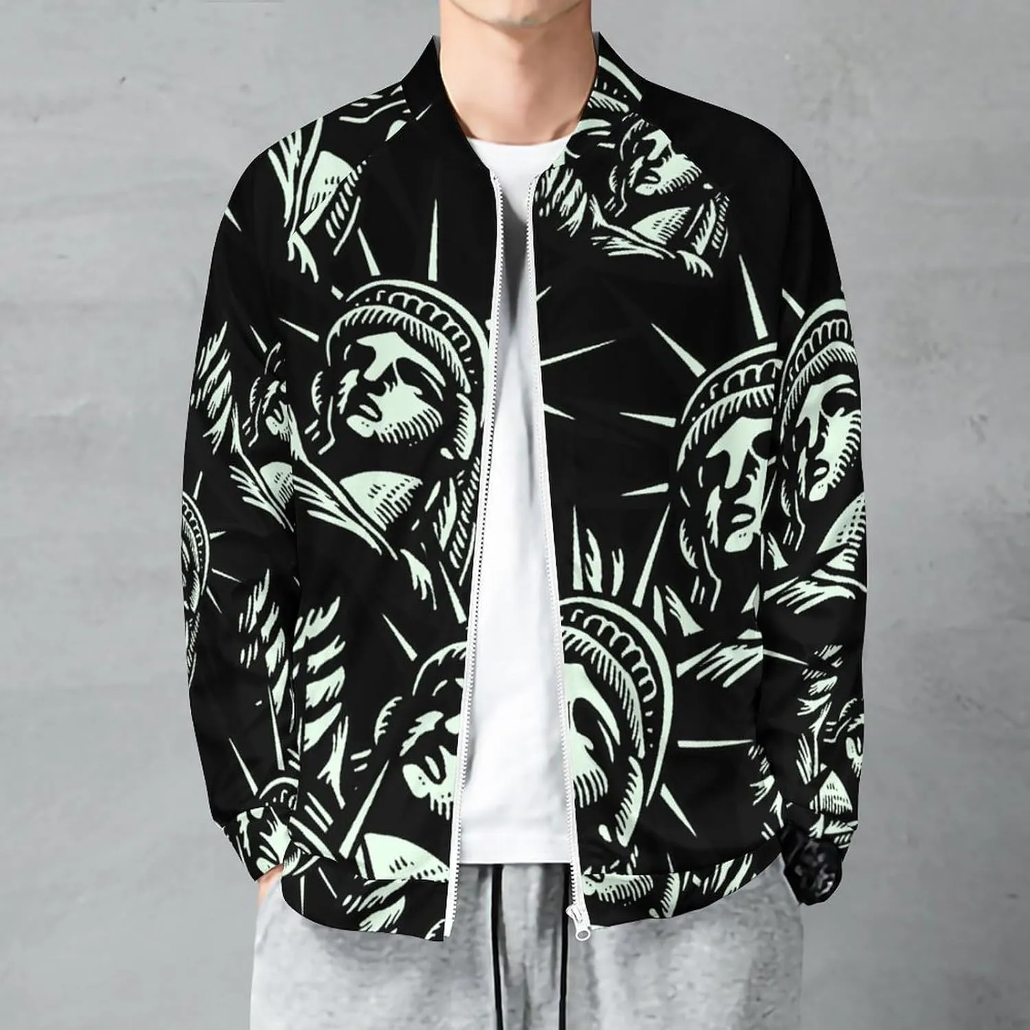 Statue of Liberty Men's Bomber Jackets Lightweight Windbreaker Full Zippered Casual Coat