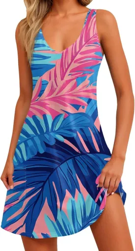 Summer Dresses for Women V Neck Beach Swimsuit Coverup 2025 Sleeveless Dress with Pocket Printed Vacation Sundress