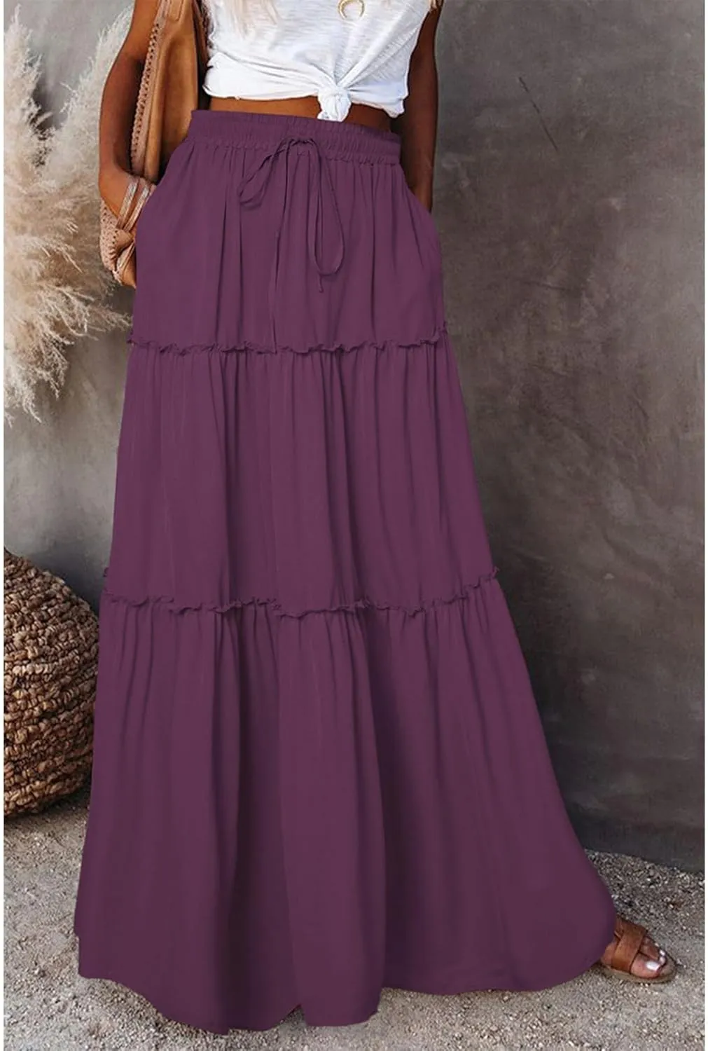 Summer Maxi Skirts for Women Casual Drawstring High Waisted Floral Print Boho Skirt Fashion Tiered Ruffle Hem Skirts