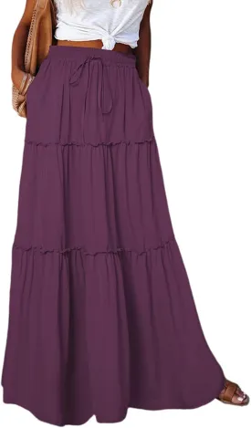 Summer Maxi Skirts for Women Casual Drawstring High Waisted Floral Print Boho Skirt Fashion Tiered Ruffle Hem Skirts