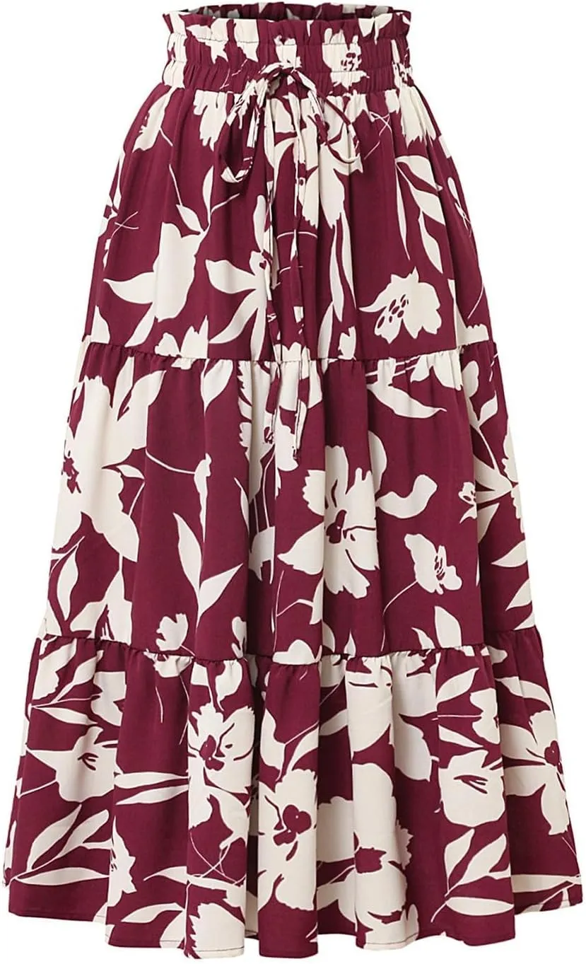Summer Midi Skirts for Women Fashion Floral Print Elastic High Waist Ruffle Hem Skirt Casual Flowy Color Block Skirt