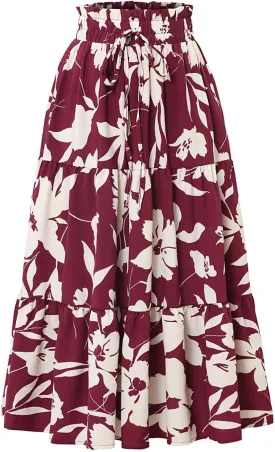 Summer Midi Skirts for Women Fashion Floral Print Elastic High Waist Ruffle Hem Skirt Casual Flowy Color Block Skirt