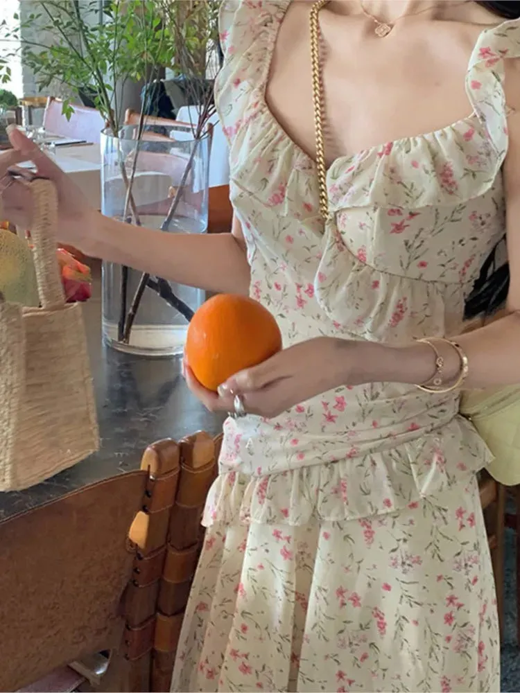 Territory 2024 Spring And Summer Sweet Flying Sleeve Floral Halter Dress Female Design Sense Holiday Wind Fairy Print Long Dress