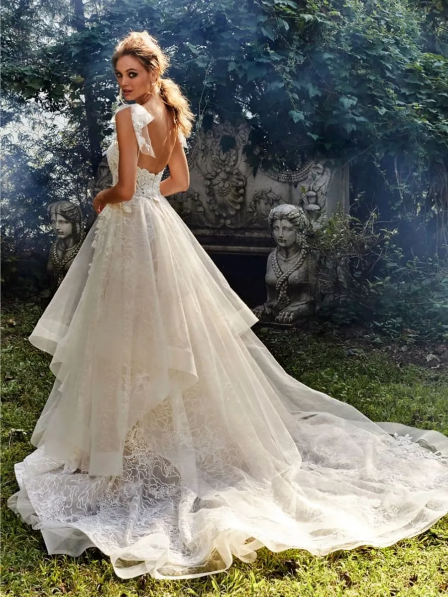 Tiered Lace A-line Illusion Back Court Train Wedding Bridal Gown