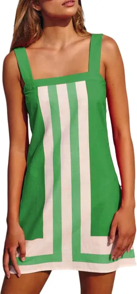 Vacation Dresses for Women 2025 Striped Mini Dresses Square Neck Strap Sleeveless Dress Color Block Cover Up Dress