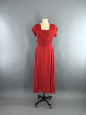 Vintage 1930s Dress / Red Silk Chiffon Maxi Dress