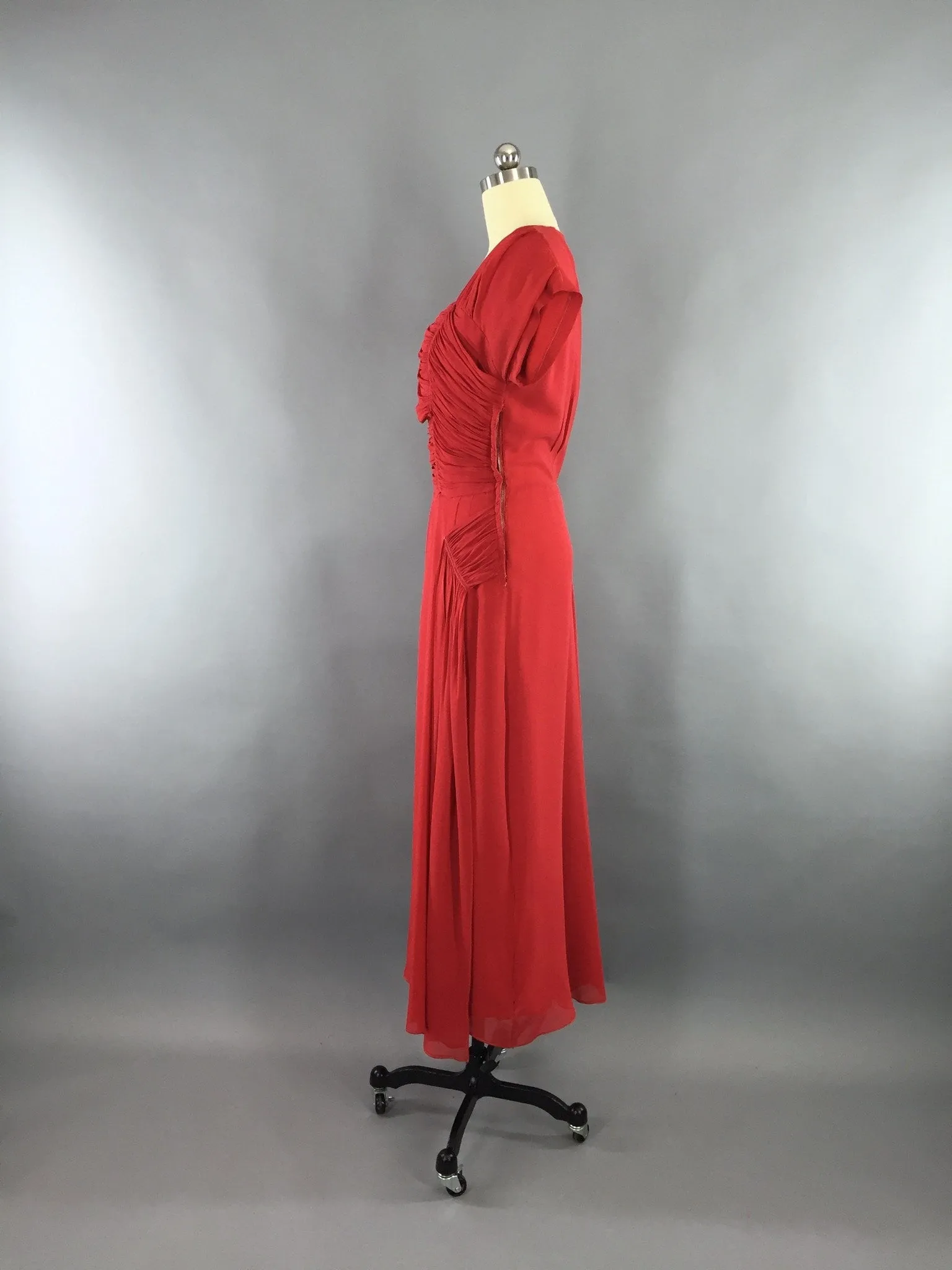 Vintage 1930s Dress / Red Silk Chiffon Maxi Dress