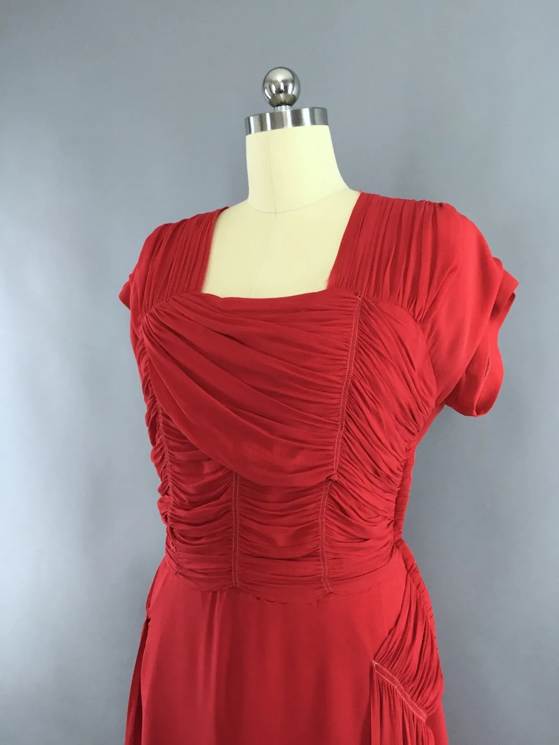 Vintage 1930s Dress / Red Silk Chiffon Maxi Dress