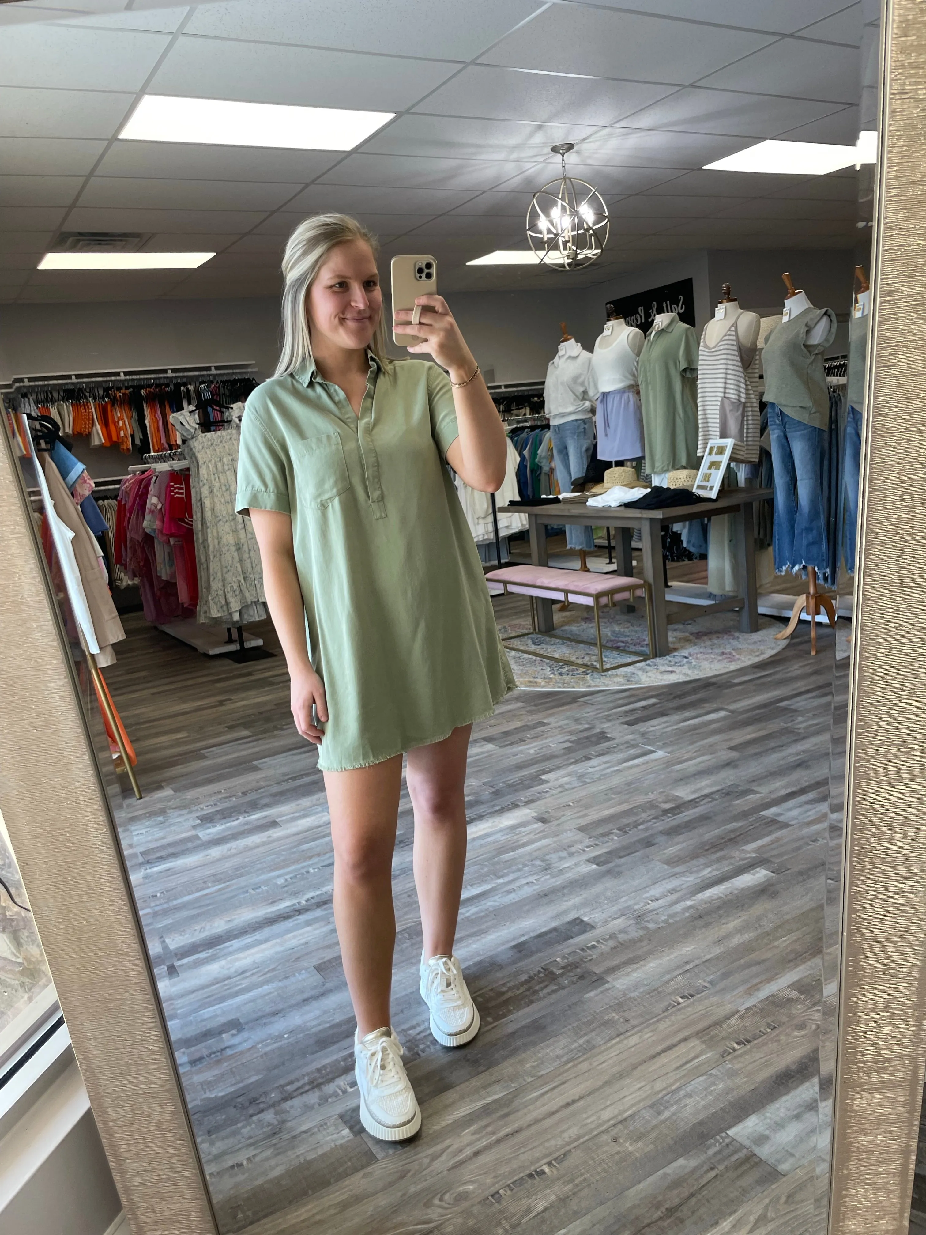 Washed Denim Shirt Dress - Washed Olive