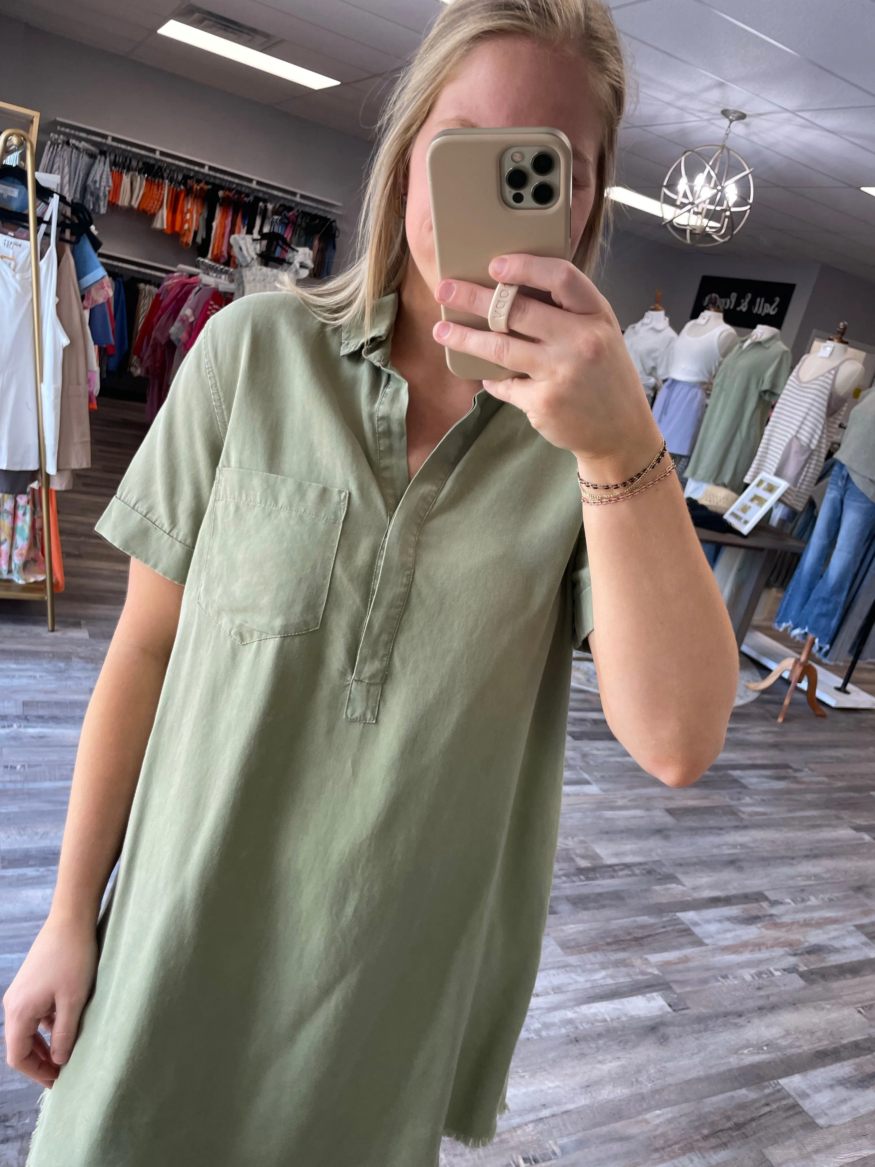Washed Denim Shirt Dress - Washed Olive