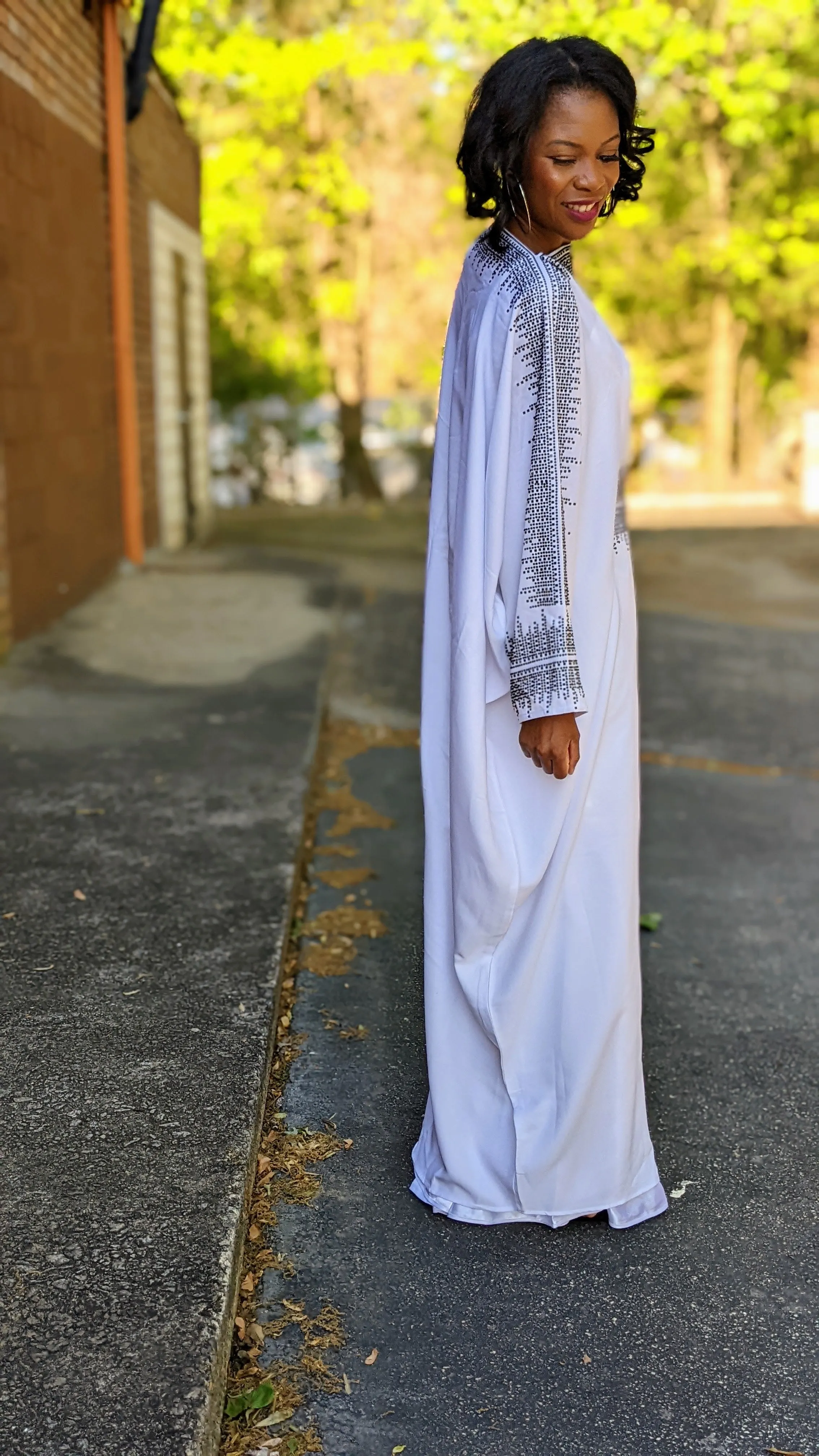 White African women's chiffon Abaya Moroccan Kaftan dress with black rhinestones-DPKWBC45
