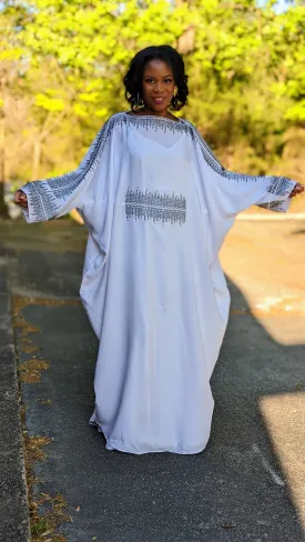 White African women's chiffon Abaya Moroccan Kaftan dress with black rhinestones-DPKWBC45