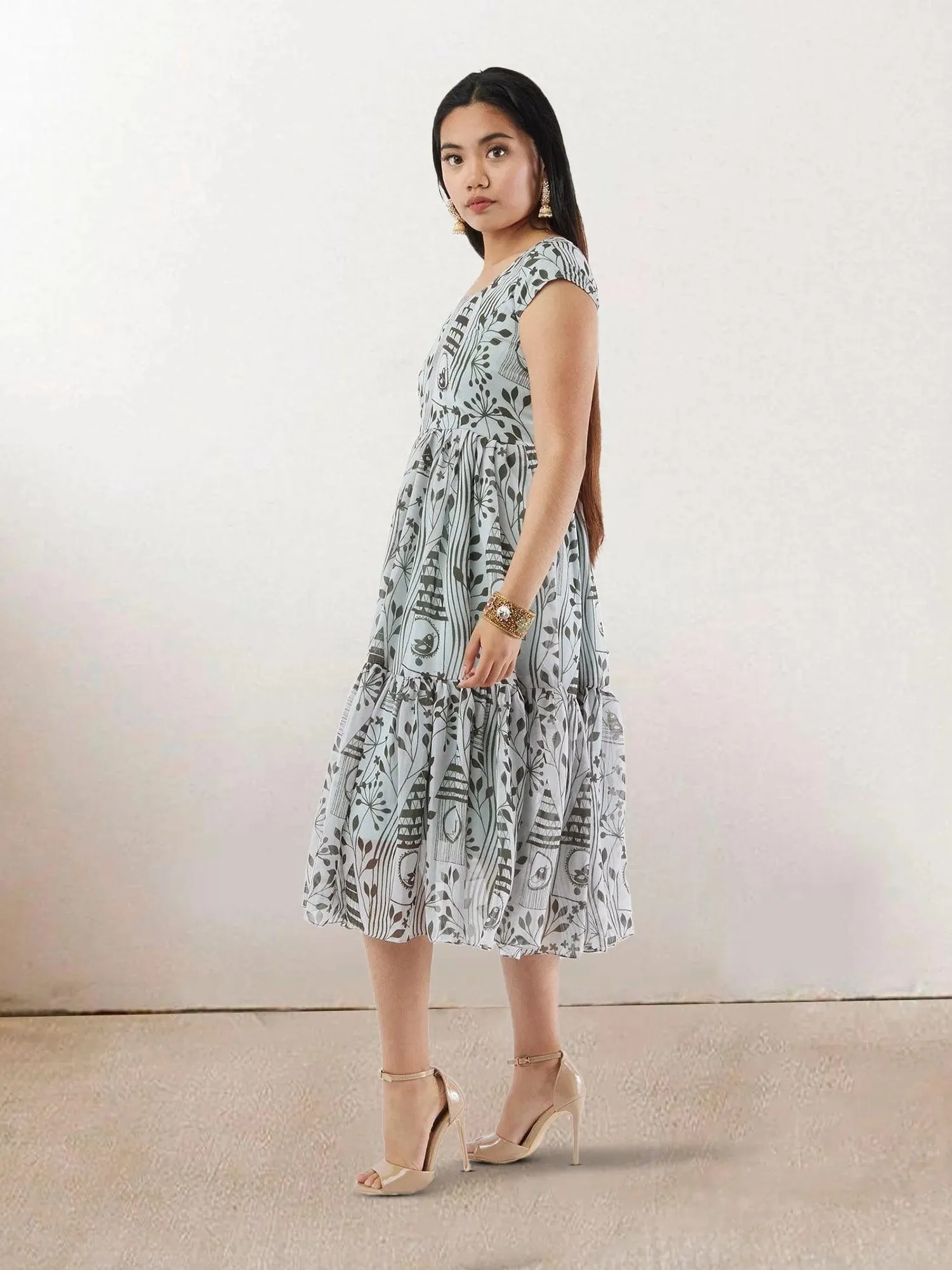 White & Grey Printed Chiffon Knee Length Dress | Indo Western Dress