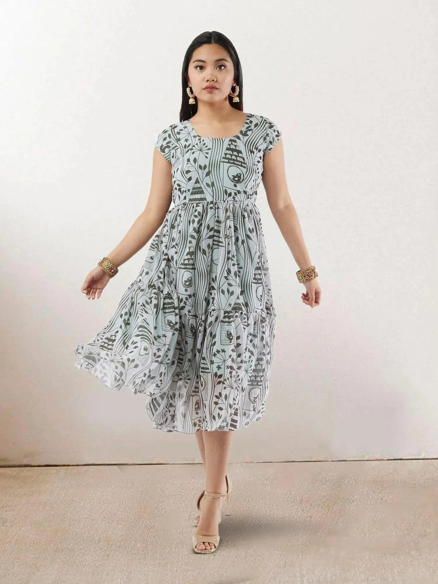 White & Grey Printed Chiffon Knee Length Dress | Indo Western Dress