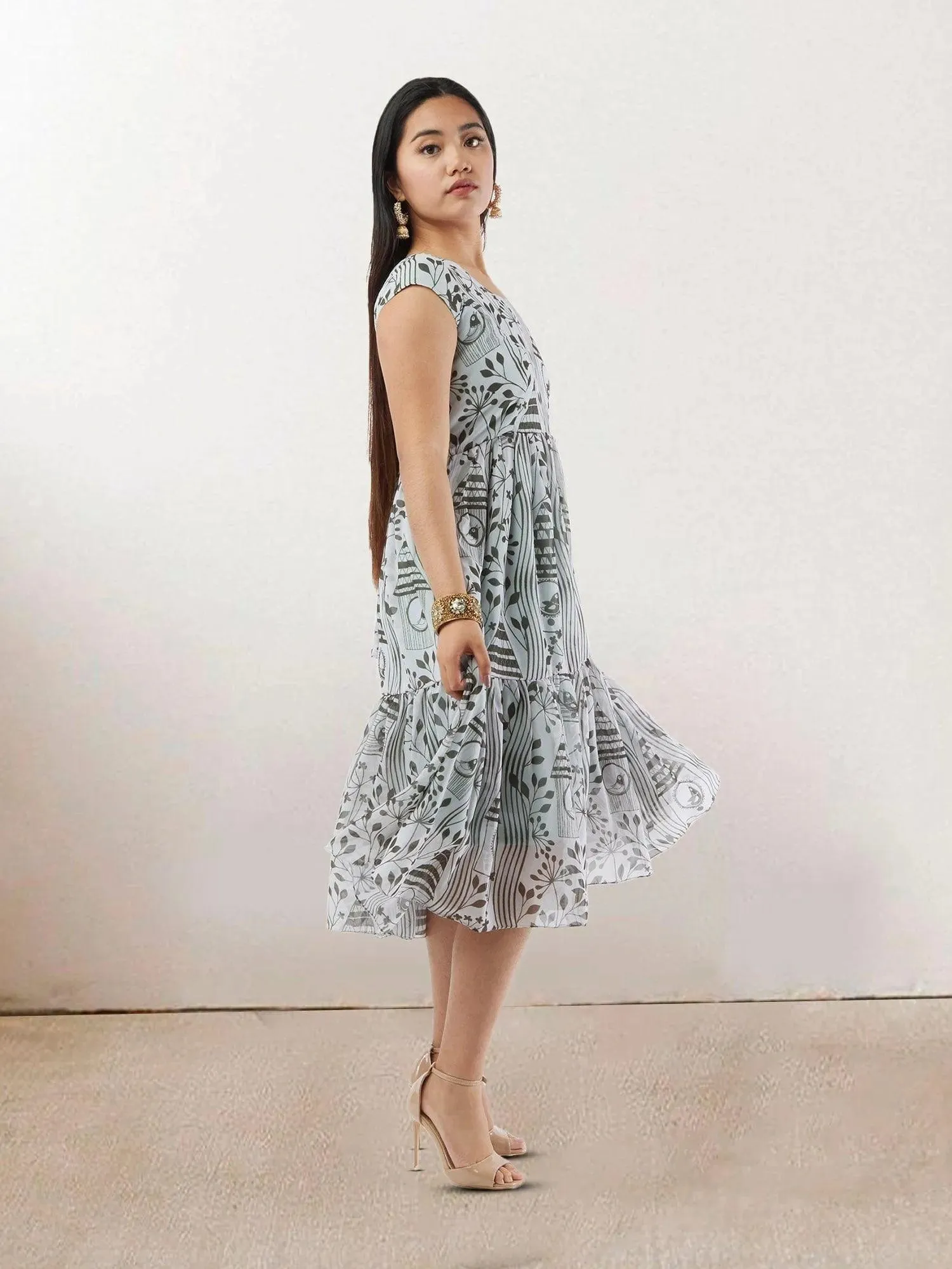 White & Grey Printed Chiffon Knee Length Dress | Indo Western Dress