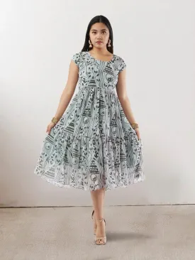 White & Grey Printed Chiffon Knee Length Dress | Indo Western Dress