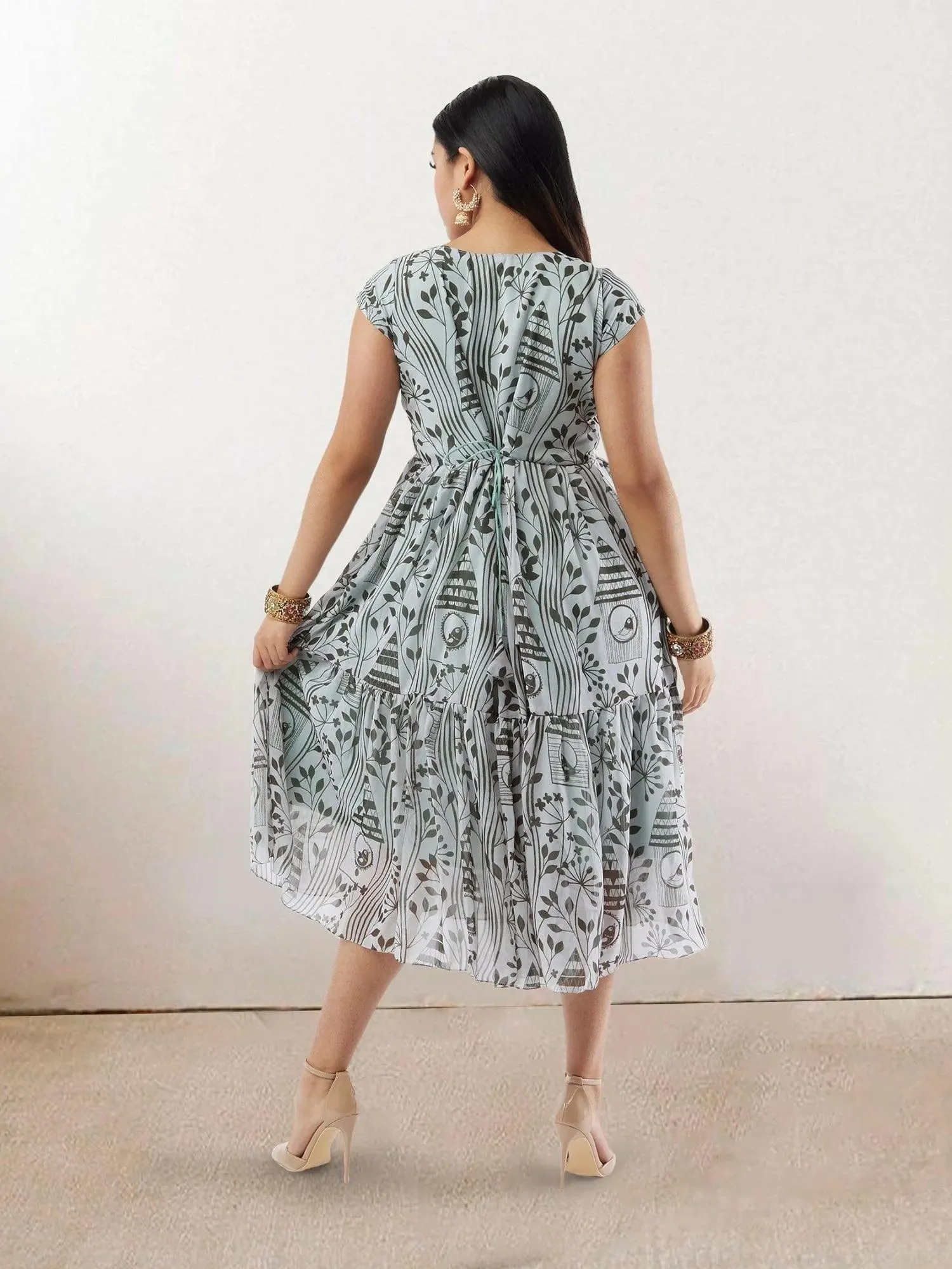 White & Grey Printed Chiffon Knee Length Dress | Indo Western Dress