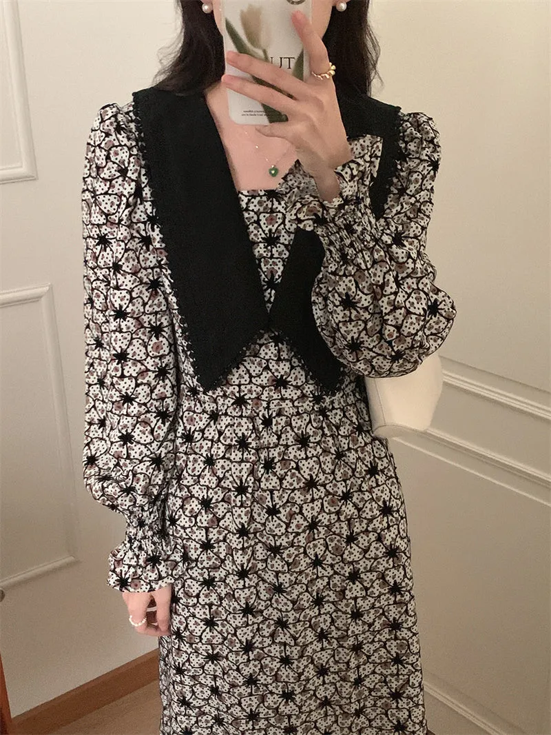 Wjczt 2022 New Floral Chiffon Dresses Women Spring Loose Elegant Doll Collar Dress Female Korean Sweet Puff Sleeve Dresses