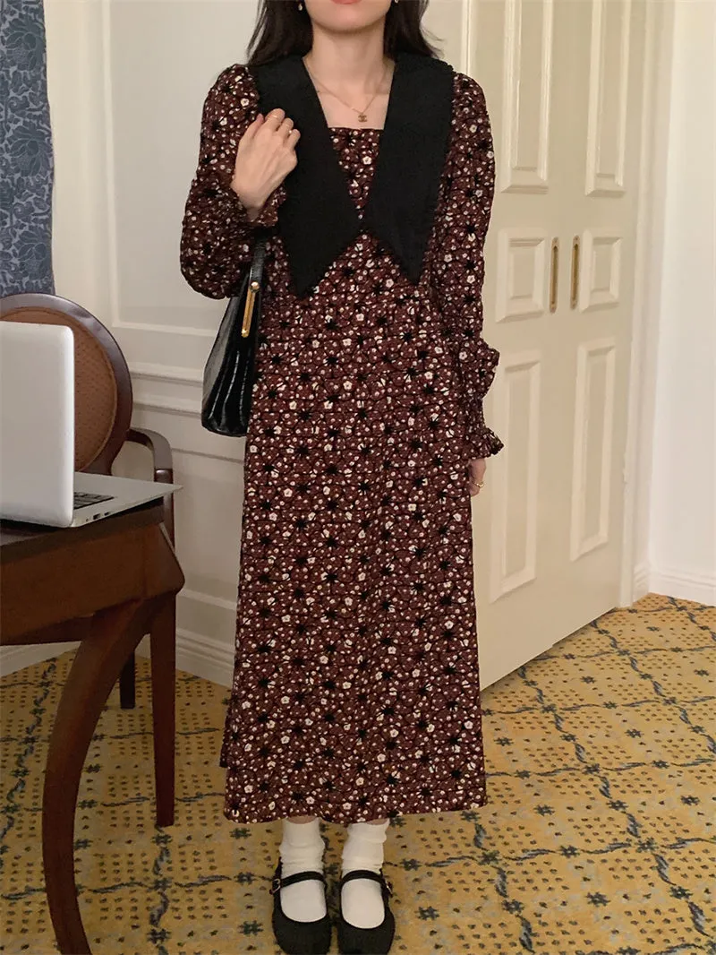 Wjczt 2022 New Floral Chiffon Dresses Women Spring Loose Elegant Doll Collar Dress Female Korean Sweet Puff Sleeve Dresses
