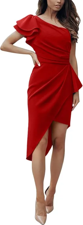 Women 2025 Summer Elegant One Shoulder Cocktail Dress Ruffle Sleeve Wrap Ruched Bodycon Short Party Midi Dresses