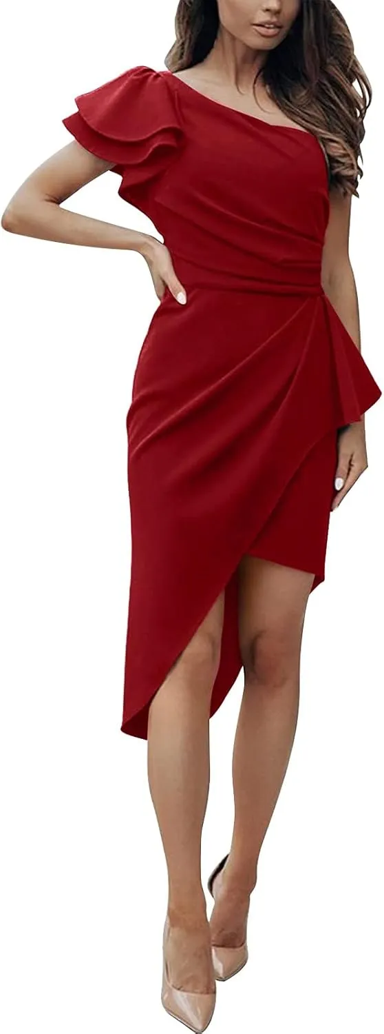 Women 2025 Summer Elegant One Shoulder Cocktail Dress Ruffle Sleeve Wrap Ruched Bodycon Short Party Midi Dresses