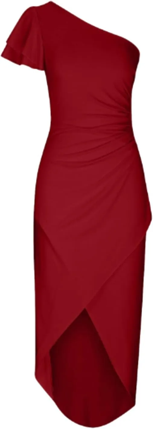 Women 2025 Summer Elegant One Shoulder Cocktail Dress Ruffle Sleeve Wrap Ruched Bodycon Short Party Midi Dresses