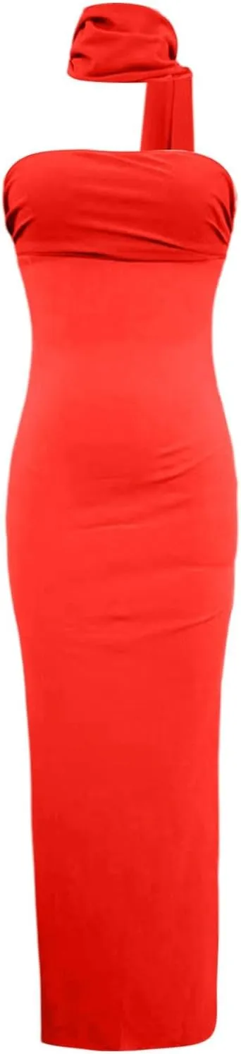 Women 2025 Summer Strapless Bodycon Midi Dress with Scarf Off Shoulder Strapless Side Slit Tube Long Club Party Dresses