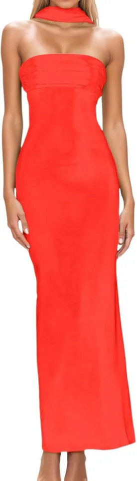 Women 2025 Summer Strapless Bodycon Midi Dress with Scarf Off Shoulder Strapless Side Slit Tube Long Club Party Dresses