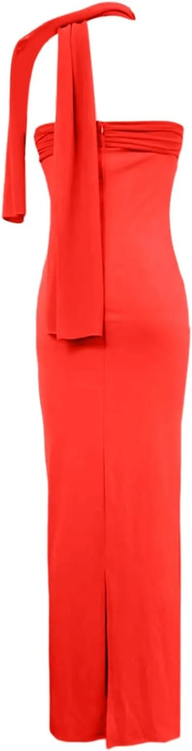 Women 2025 Summer Strapless Bodycon Midi Dress with Scarf Off Shoulder Strapless Side Slit Tube Long Club Party Dresses