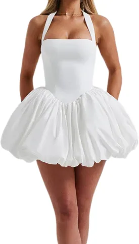 Women Bubble Mini Dress Cute Tie up Backless Sleeveless Party Short Graduation Dress Summer Dress