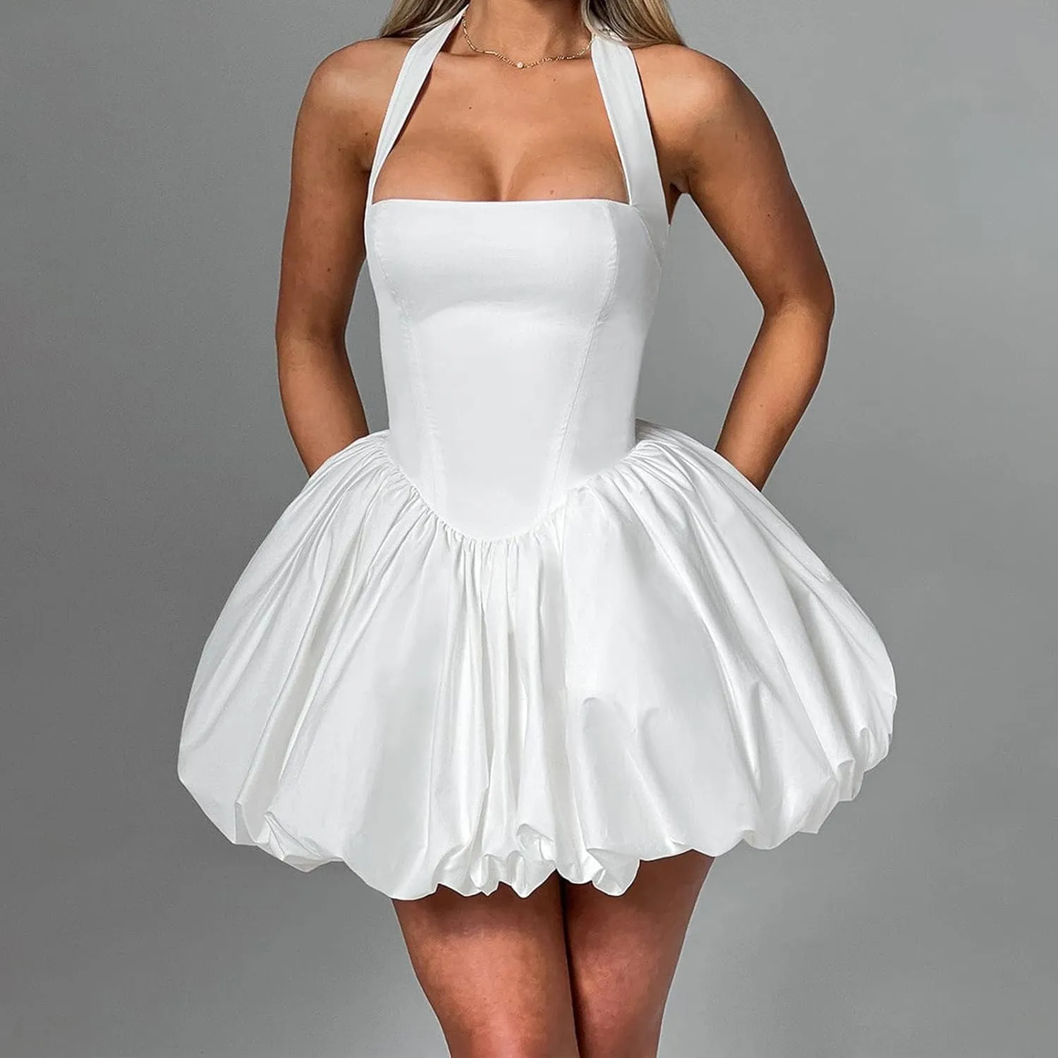 Women Bubble Mini Dress Cute Tie up Backless Sleeveless Party Short Graduation Dress Summer Dress