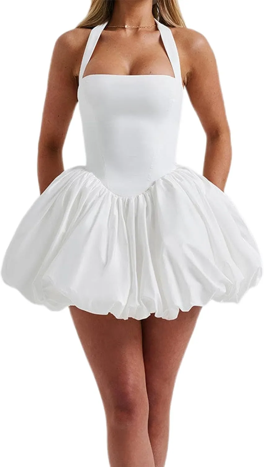 Women Bubble Mini Dress Cute Tie up Backless Sleeveless Party Short Graduation Dress Summer Dress