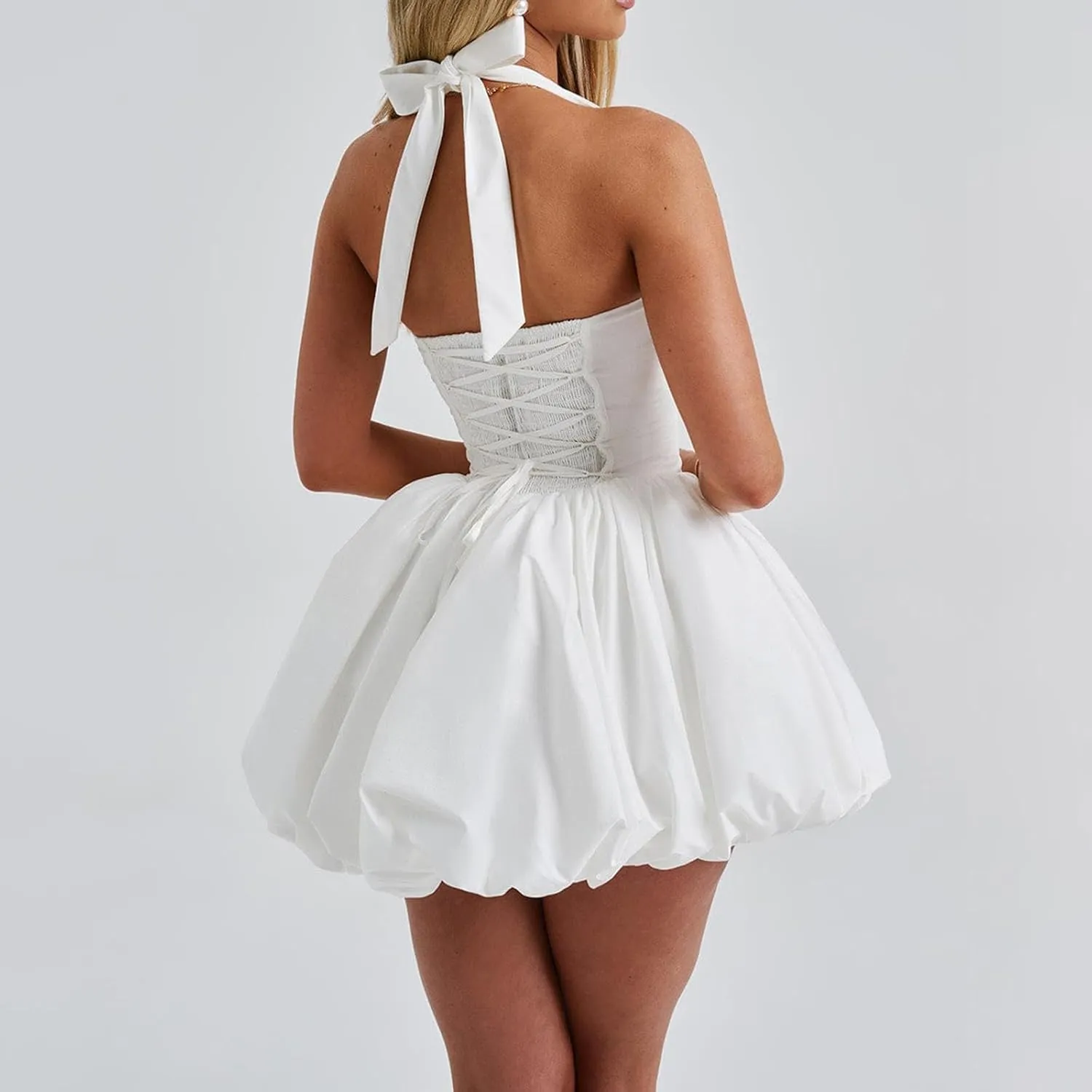 Women Bubble Mini Dress Cute Tie up Backless Sleeveless Party Short Graduation Dress Summer Dress