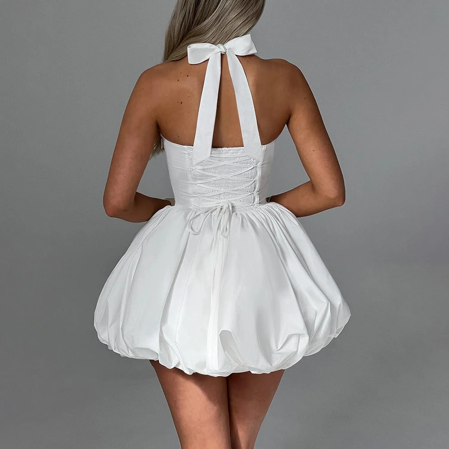 Women Bubble Mini Dress Cute Tie up Backless Sleeveless Party Short Graduation Dress Summer Dress