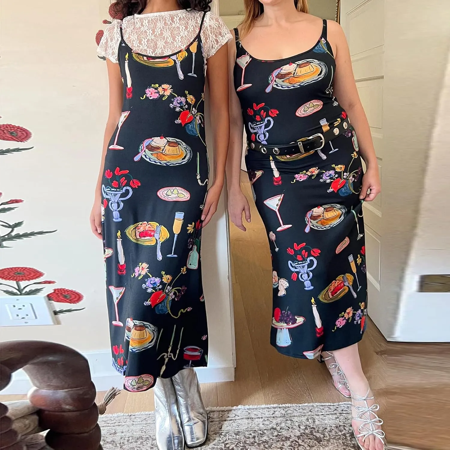 Women Y2k Floral Long Dress Flowers Spaghetti Strap Maxi Dress Backless Bodycon Slip Dress Sundress