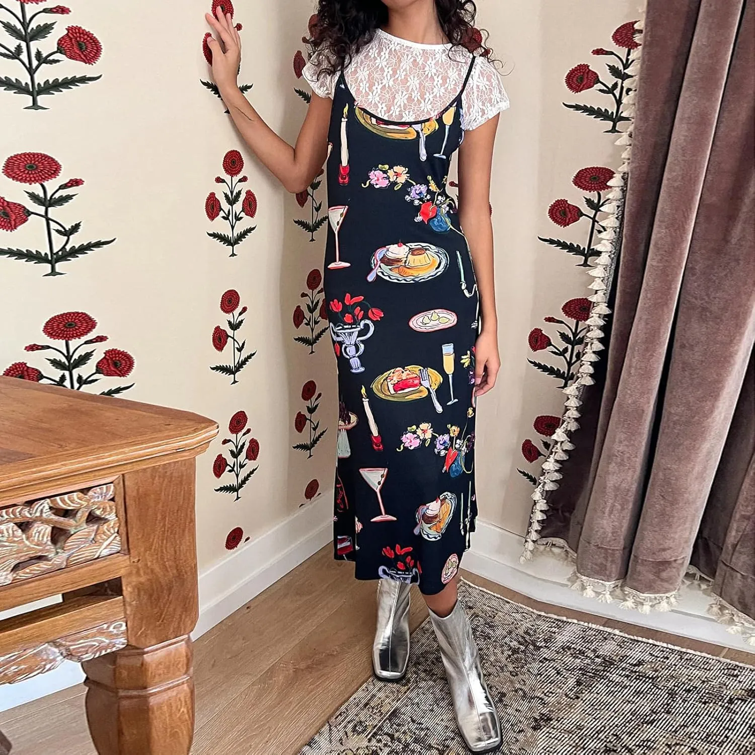 Women Y2k Floral Long Dress Flowers Spaghetti Strap Maxi Dress Backless Bodycon Slip Dress Sundress