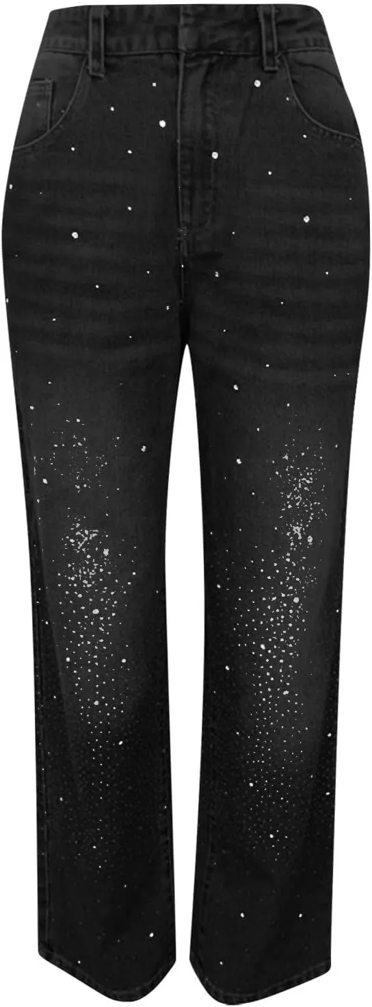 Women's Casual Loose Harem Jeans Baggy Wide Leg Jeans High Waisted Washed Distressed Straight Bling Denim Pants