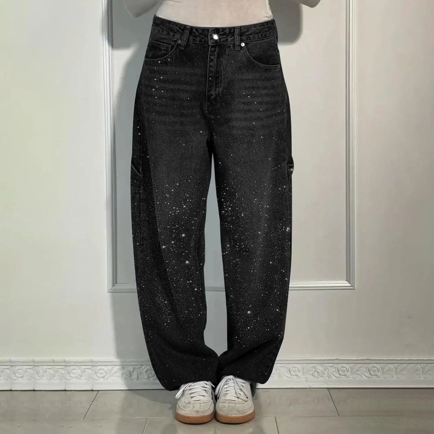 Women's Casual Loose Harem Jeans Baggy Wide Leg Jeans High Waisted Washed Distressed Straight Bling Denim Pants