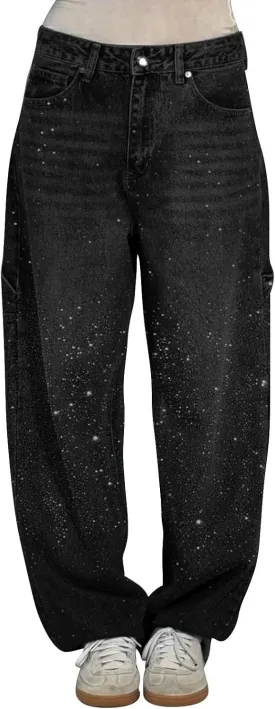 Women's Casual Loose Harem Jeans Baggy Wide Leg Jeans High Waisted Washed Distressed Straight Bling Denim Pants