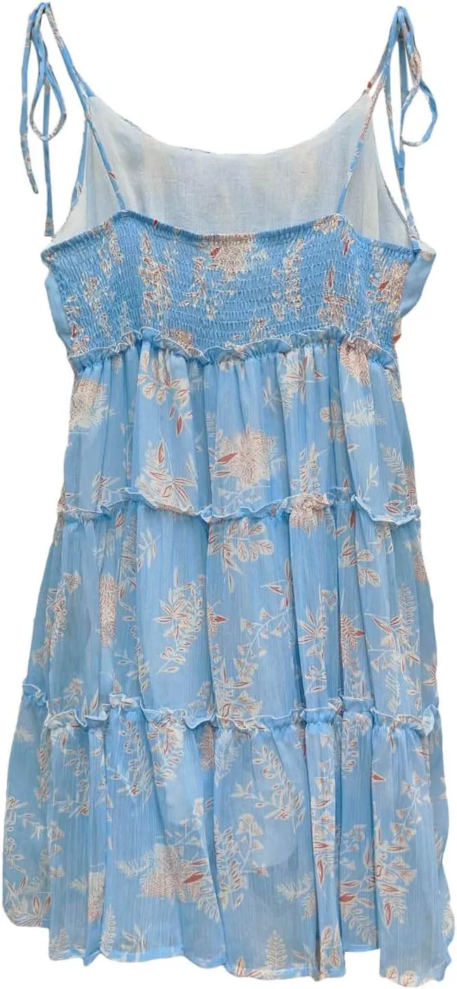 Womens Floral Mini Dress 2025 Boho Summer Spaghetti Strap Skater Dresses Sexy Sleeveless Ruffle Flowy Swing Tiered Dress