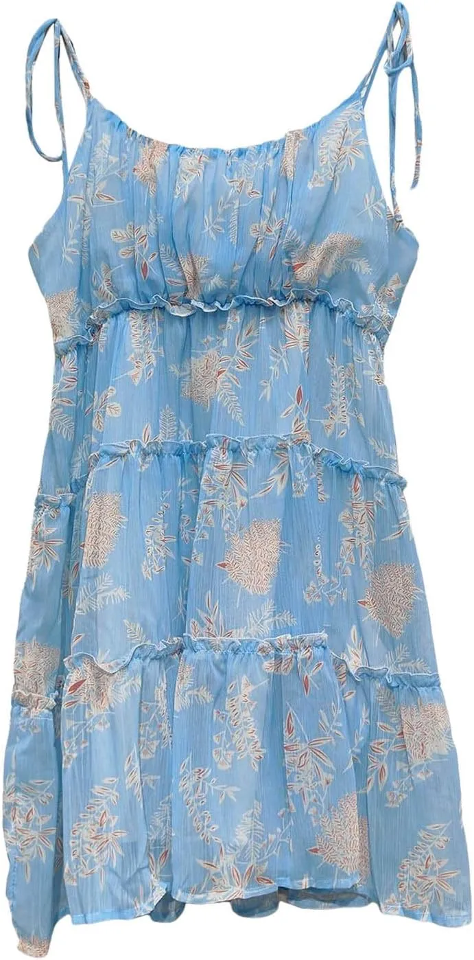 Womens Floral Mini Dress 2025 Boho Summer Spaghetti Strap Skater Dresses Sexy Sleeveless Ruffle Flowy Swing Tiered Dress