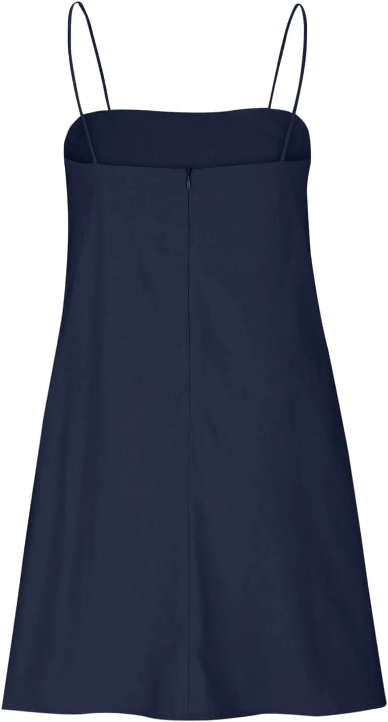 Womens Linen Spaghetti Strap Sleeveless Summer Mini Dresses Cute A-Line Back Zip Short Cami Dress Beach Party Sundress