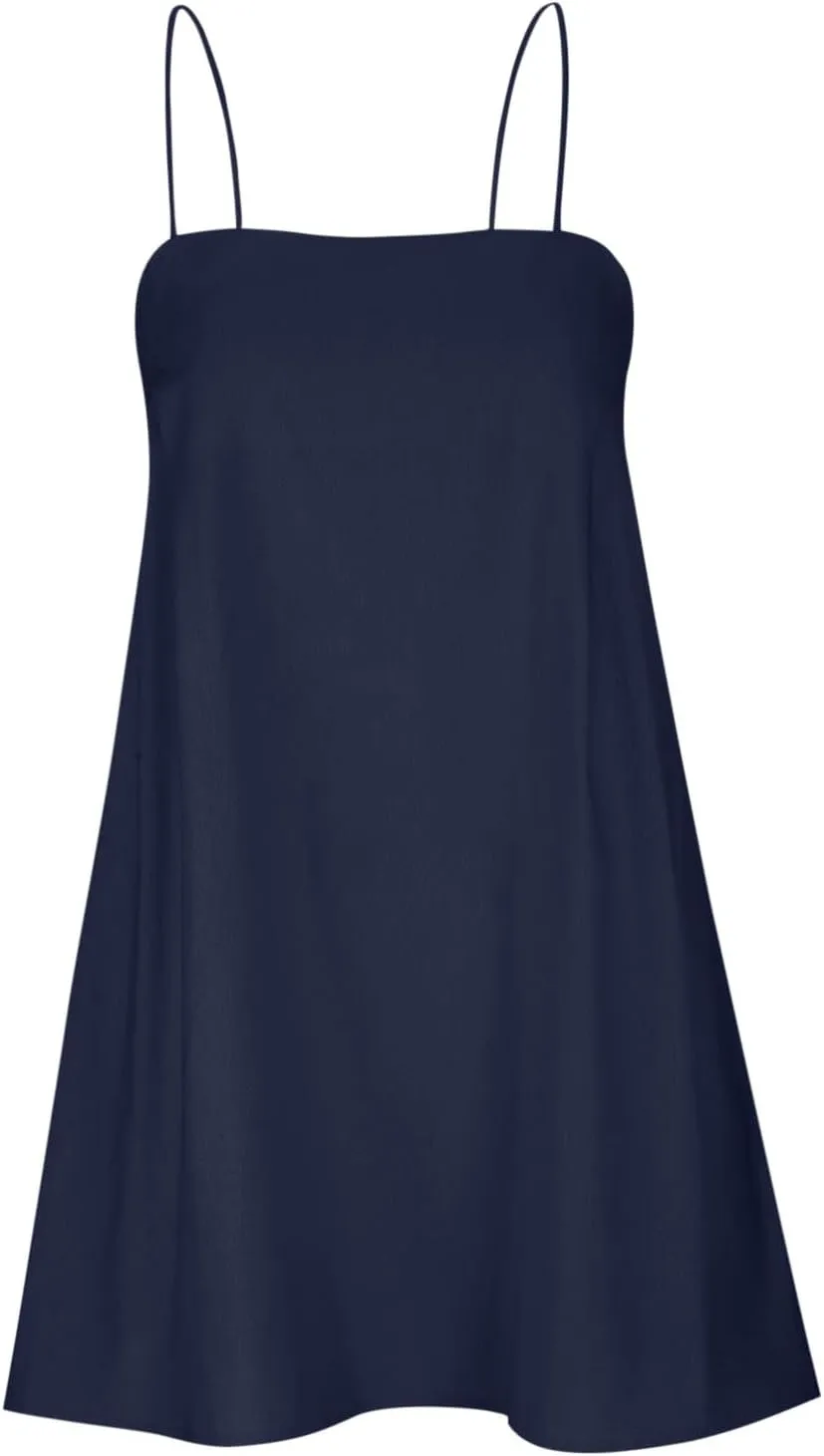 Womens Linen Spaghetti Strap Sleeveless Summer Mini Dresses Cute A-Line Back Zip Short Cami Dress Beach Party Sundress