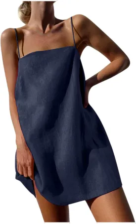 Womens Linen Spaghetti Strap Sleeveless Summer Mini Dresses Cute A-Line Back Zip Short Cami Dress Beach Party Sundress