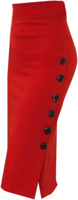Women's Midi Pencil Skirts Fashion Long Elastic High Waist Side Button Slit Hem Bodycon Wrap Skirt for Party