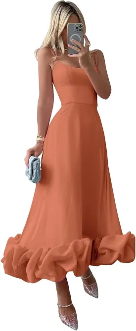 Women's Midi Prom Dresses Flounce Bustier Trim Ruffle Formal Wedding Party Dress Tea Length