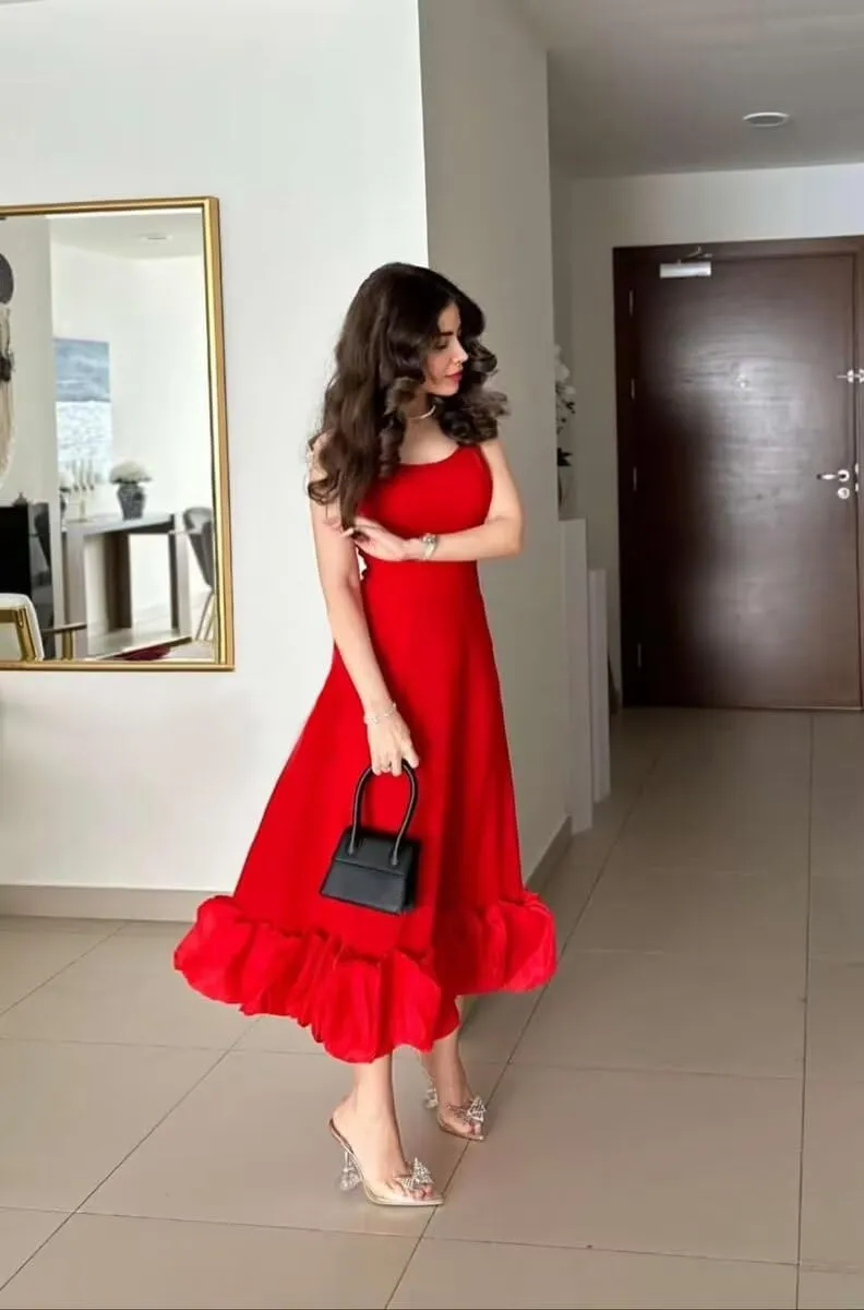 Women's Midi Prom Dresses Flounce Bustier Trim Ruffle Formal Wedding Party Dress Tea Length