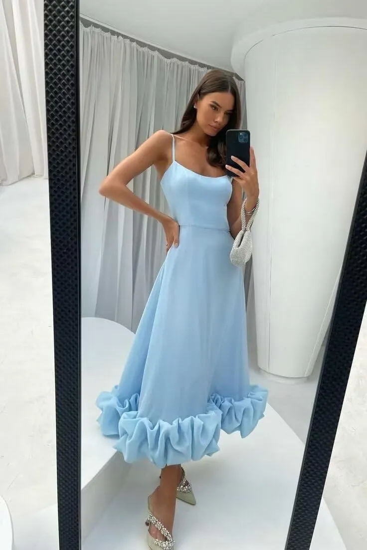 Women's Midi Prom Dresses Flounce Bustier Trim Ruffle Formal Wedding Party Dress Tea Length