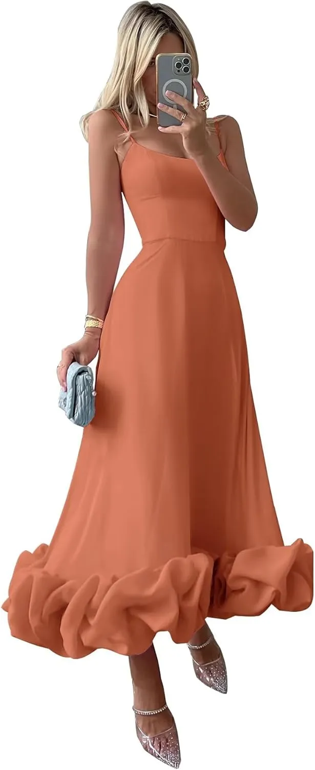 Women's Midi Prom Dresses Flounce Bustier Trim Ruffle Formal Wedding Party Dress Tea Length