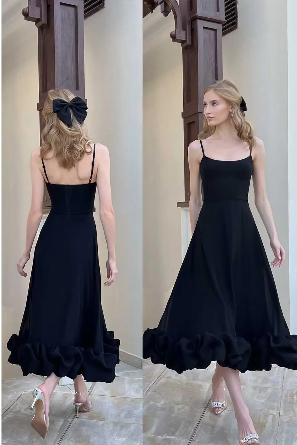Women's Midi Prom Dresses Flounce Bustier Trim Ruffle Formal Wedding Party Dress Tea Length